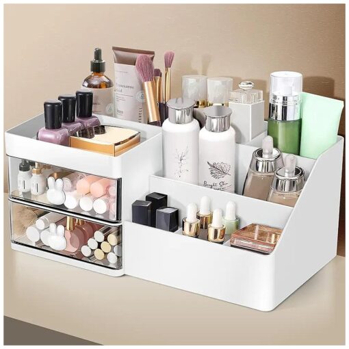 Makeup Organizer, Cosmetic Desk Storage Box with Drawers Skincare Organizers for Dressing Table, Countertop, Bathroom Counter, Vanity Holder for Brushes, Lotions, Lipstick, Perfume ( White-Clear )