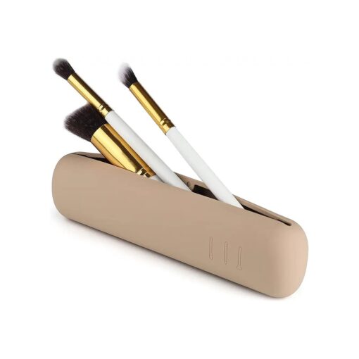 FERYES Makeup Brush Holder, Magnetic Closure Silicon Portable Cosmetic Face Brushes Holder, Soft and Sleek Makeup Tools Organizer for Travel- Khaki