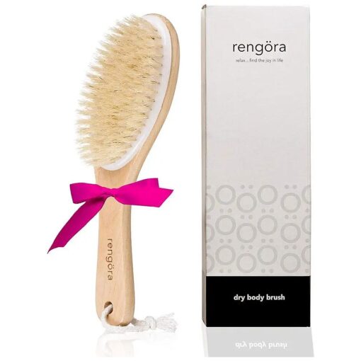 Exfoliating Body Scrubber : Dual-Use for Wet/Dry Exfoliation, Lymphatic Drainage & Cellulite Smoothing - Natural Boar Bristle Dry Brushing Body Brush, Ergonomic Handle, Easy to Clean by Rengora