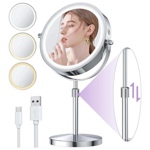 8.5" Rechargeable Lighted Height Adjustable Makeup Mirror with 3 Light Colors, Dimmable Double-Sided 1X/10X Magnification LED Vanity Mirror, 360deg Rotation Tabletop Standing Mirror - Chrome