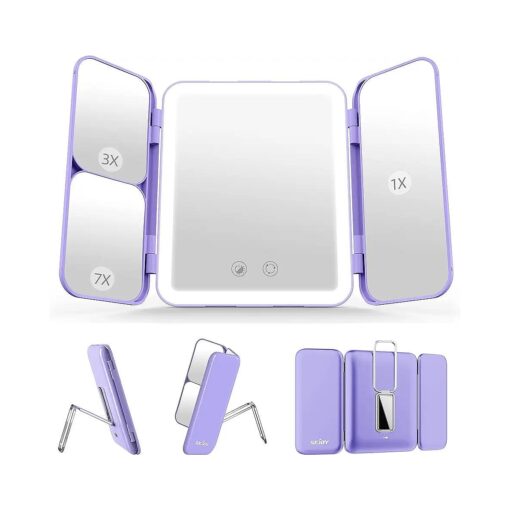 Sejoy Travel Makeup Mirror, 64 LED Lighted Vanity Mirror with 1X 3X 7X Magnification, Tri-Fold Compact Mirror with Touch Light, Rechargeable, Purple