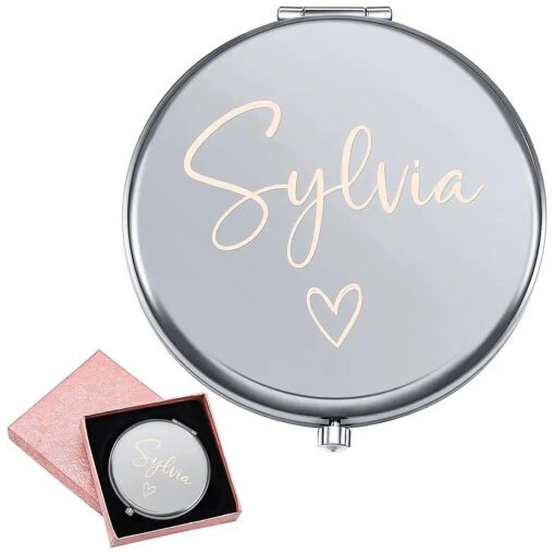 Personalized Compact Mirror, Engraved Travel Makeup Mirror Handheld Small Mirror, Portable Pocket Mirror, Custom Gift for Woman Girl Bridesmaid Mother, 1X/3X Magnification ( Design 01 )