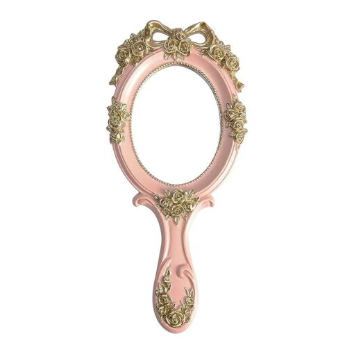 Handheld Mirror Vanity Makeup Mirror Travel Princess Metal Cosmetic Mirror Portable Oval Embossed Rose Mirrors Decorative Desk Girl Student Vintage Beautiful Handle Mirrors Pink-3