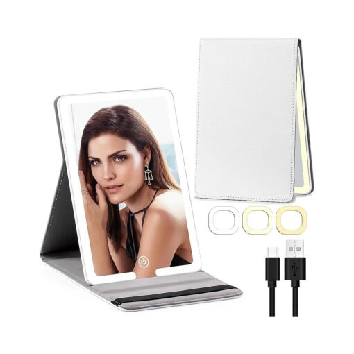 Lighted Makeup Mirror Rechargeable Travel Makeup Mirror of 8x5.5inch, Compact Travel Mirror PU Leather 1500mAh Light Up Vanity Mirror, Portable Tabletop Folding Cosmetic Mirror with Lights