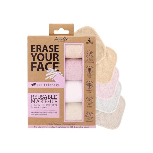 ERASE YOUR FACE Face Reusable Makeup Removing Cloths With Friendly Packaging By Danielle Enterprises 4 pack D50007, ECO, 1 Count