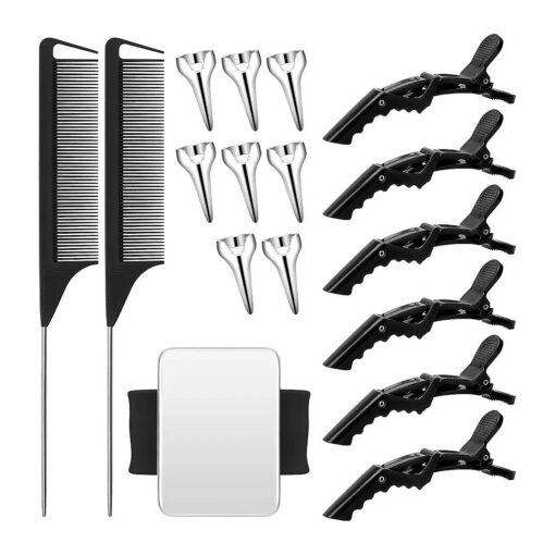 17 Pieces Hair Parting Tools Set, Included 8 Pieces Hair Parting Ring 2 Pieces Metal Rat Tail Comb 6 Pieces Hair Sectioning Clip with Magnetic Wrist Sewing Pin Holder for Braiding ( Black )