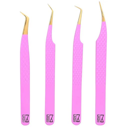 M LASH Eyelash Extension Tweezers ( Set of 4 ) - Professional & Precision Lash Tweezers for Eyelash Extensions - Japanese Steel, Diamond Grip, Fiber Tip V3 ( Pink )