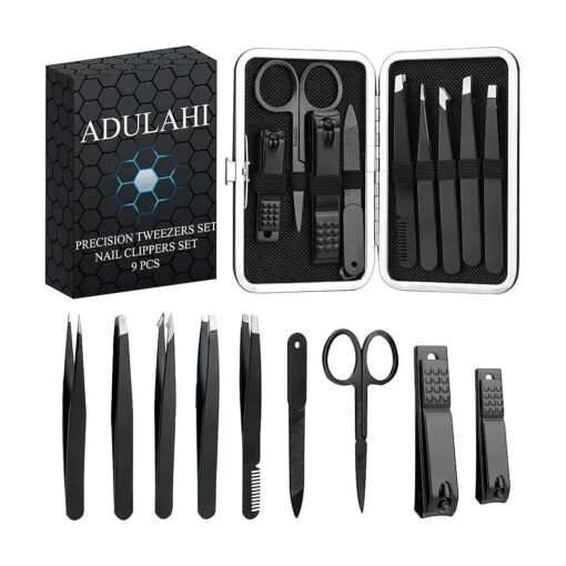 9PCS Professional Tweezers Set and Nail Clippers for Men and Women, Stainless Steel Tweezers No Gaps with Leather Travel Case