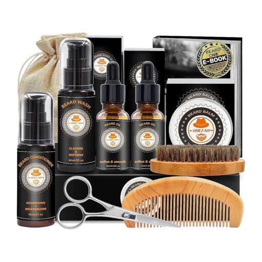 XIKEZAN Upgraded Beard Grooming Kit w/Beard Conditioner, Beard Oil, Beard Balm, Beard Brush, Beard Wash, Beard Comb, Beard Scissor, Bag, E-Book, Beard Care Daddy Gifts for Men Him Dad Husband Boyfriend