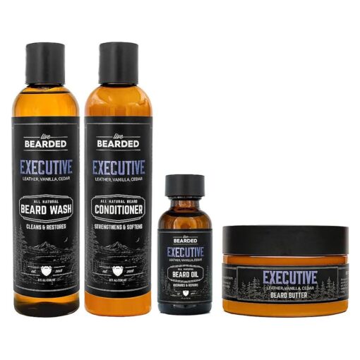 Live Bearded Complete Beard Grooming Kit, Made in the USA with All-Natural Ingredients - Beard Wash, Conditioner, Beard Butter & Beard Oil Kit - Mens Beard Grooming Set, in Scent Executive, Vanilla