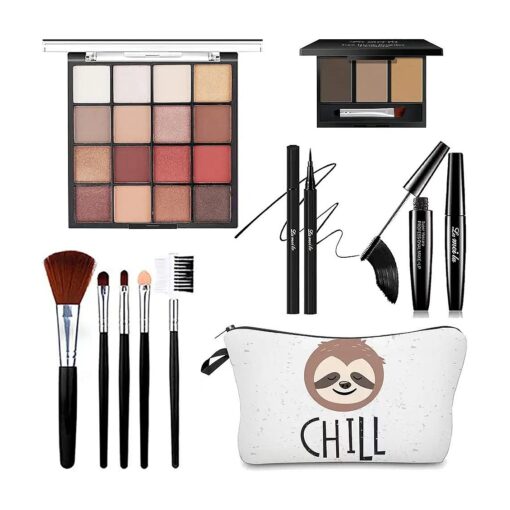 All in One Makeup Kit For Girls - 16 Colors Naked Eyeshadow Palette, 5Pcs Makeup Brushes, Waterproof Eyeliner Pencil, Eyebrow Powder, Mascara, Sloth Cosmetic Bag, Women and Teens Makeup Gift Set