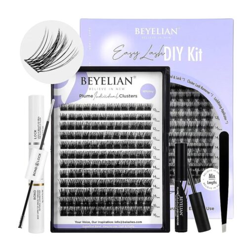 BEYELAN Lash Extension Kit Lash Clusters Lit D Curl 10-16mm Mix 144 Pcs DIY Lash Extension Kit with Lash Bond and Seal Lash Remover and Lash Applicator for Self Application at Home ( 710, Black )