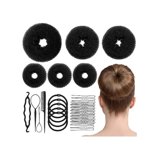 Hair Bun Maker Set 6 PCS, Ring Style Hair Bun Donut ( 1 L, 2 M and 3 S ), Hair Bun Shaper, Hair Accessories with 20 Hair Bobby Pins, 5 Elastic Bands and 4 Pony Hair Tools for Women & Girls Kids ( Black )