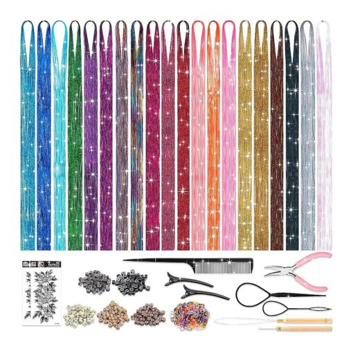 Hair Tinsel Kit with Tools, 20 Colors 4000 Strands Sparkling Glitter Tinsel Hair, Heat Resistant Shiny Fairy Hair Tinsel Extensions for Women Girls Hair Accessories for Cosplay Party