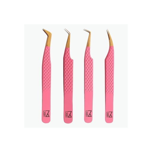 M LASH Eyelash Extension Tweezers ( Set of 4 ) - Professional & Precision Lash Tweezers for Eyelash Extensions - Japanese Steel, Diamond Grip, Fiber Tip V5 ( Pink )