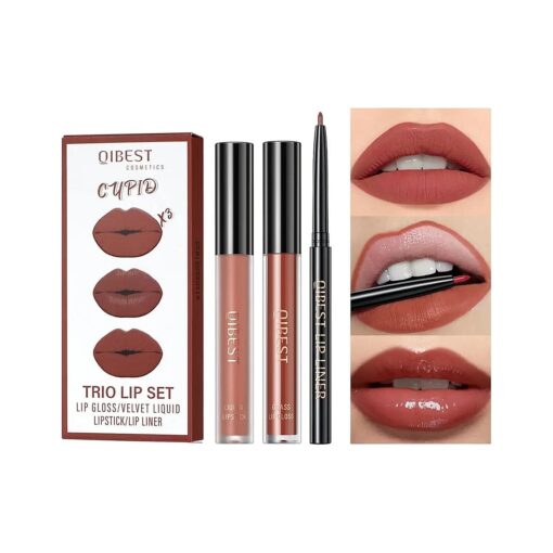 MAEPEOR All In One Lip Kit 3 In 1 Smooth Lipliner Lipgloss and Lipstick Set with Matte Velvet Liquid Lipstick Hydrating Moisturizing Lip Gloss and Creamy Lip Liner ( Kit 02, Cupid )