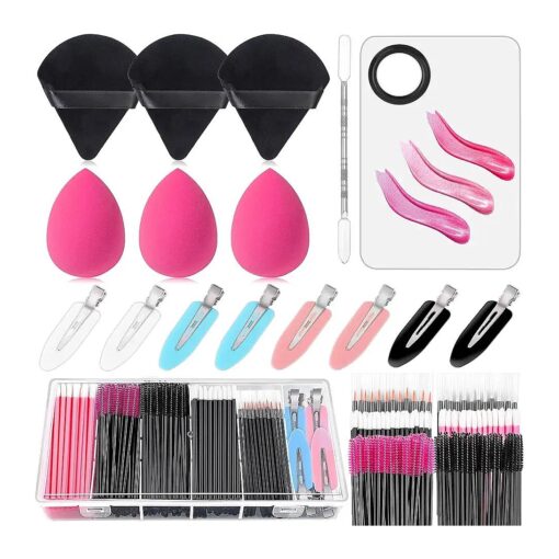 Disposable Makeup Applicators Kit with Mixing Palette Powder Puff Makeup Artist Tools Supplies Mascara Wands, Lip Brushes, Hair Clips Makeup Sponge for Face with Storage Box