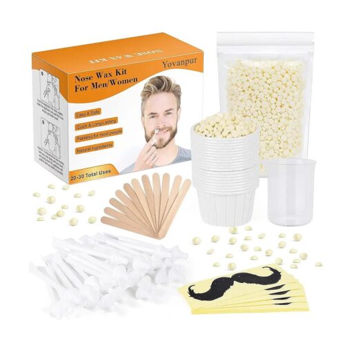 120g Nose Wax Kit for Men Women, Yovanpur Nose Hair Waxing Kit with More Nose Hair Wax Beads ( 20-30 USES ), 30 Applicator, 15 Mustache Protector, 15 Paper Cups, 1 Measuring Cup - Easy and Quick