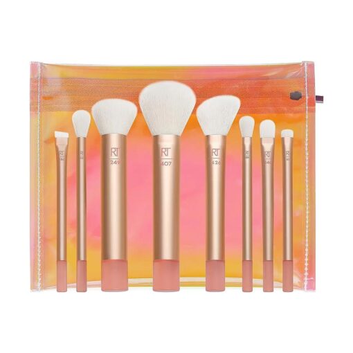 Real Techniques The Wanderer Makeup Brush Set, For Liquid, Cream, & Powder Eyeshadow, Foundation, Concealer, Blush, & Contour, Travel Midi-Size Brushes, Cruelty-Free, Synthetic Bristles, 9 Piece Set