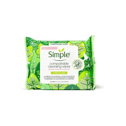 Simple Compostable Cleansing Wipes Facial Wipes for Removing Makeup Kind to Skin No Artificial Perfume or Color, Paraben Free, Phthalate Free 25 Wipes