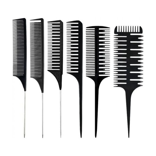 6 Pcs Highlighting Comb Set Professional Weaving Styling With Rat Tail Comb Teasing Foiling Comb Heat Resistant For Hair Salon Barber Home ( Black )