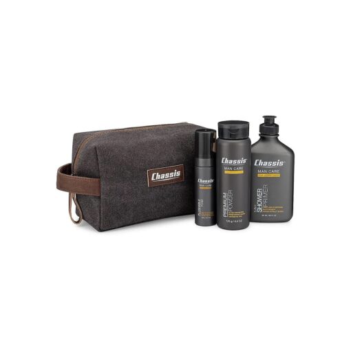 Chassis Gift Set with Flushable Foam, Premium Body Powder, and Shower Primer, Body Powder, Body Wash, and Flushable Wipe Alternative