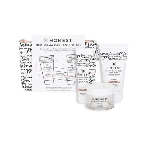 The Honest Company New Mama Care Essentials Gift Set | Hospital Bag Must Haves | Travel Size Nip Balm ( 0.5 oz ), Glow On Body Cream ( 1 oz ), Got ta Glow Face Wash ( 1.75 fl oz ), Reusable Pouch