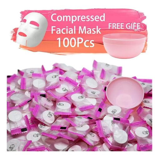 100 pcs Compressed Facial Mask Sheet Beauty DIY Disposable Mask Paper Natural Cotton Skin Care Wrapped Masks Normal Thick, Get a Small Mask Bowl Free