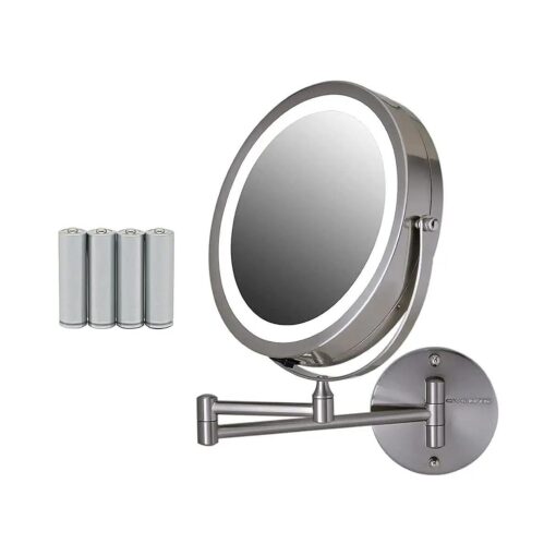 OVENTE 9" Lighted Wall Mount Makeup Mirror - 1X/ 7X Magnification, Battery Powered Glow Cosmetic Light up, Spinning 360-Degree, Double Sided LED, Extendable & Folding Arm, Nickel Brushed MFW85BR1X7X