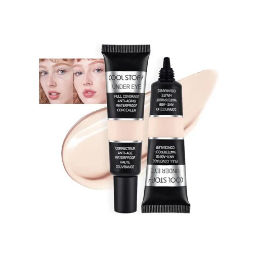 Kaely 2Pcs under Eye Concealer Full Coverage, Waterproof Concealer for Dark Circles, Puffiness, Redness, Cream Foundation Eye Brightener, Color corrector de ojeras, Anti Aging, Natural Matte Finish, light C