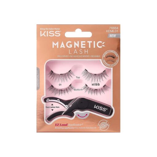 KISS Magnetic Lash 01, Synthetic False Eyelashes with Magnets Under and Over Your Upper Lashes, No Glue Needed, Lightweight, Reusable, Contact Lens Friendly, Cruelty Free, with Lash Applicator, 1 Pair