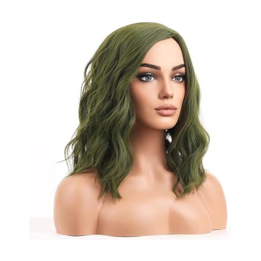 BERON Green Wigs for Women Short Curly Bob Wavy Wig Girls Olive Color Body Heat Resistant Synthetic Hair Wig Cosplay Daily Party Wigs