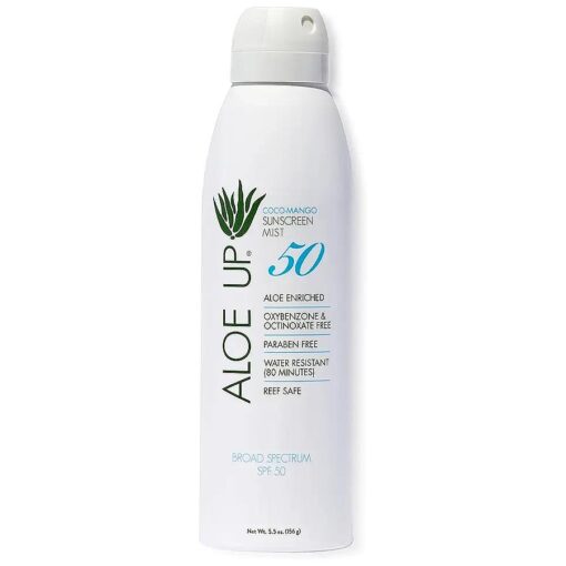 Aloe Up White Collection Continuous Sunscreen Spray SPF 50 Broad Spectrum UVA/UVB Sunscreen Protector for Face & Body w/Moisturizing Aloe Vera Gel Reef Safe Coco-Mango Fragrance - 5.5 Fl, Oz