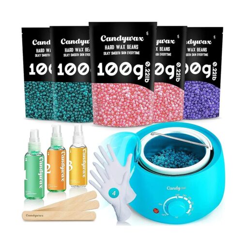 Candywax Waxing Kit for Hair Removal Waxing Warmer - 5 Packs Hard Wax Beans, 3 Bottle Spray, 20 Wax Applicator Sticks and 2 Pairs of Gloves at Home Waxing Kit for Eyebrow Armpit Bikini Brazilian