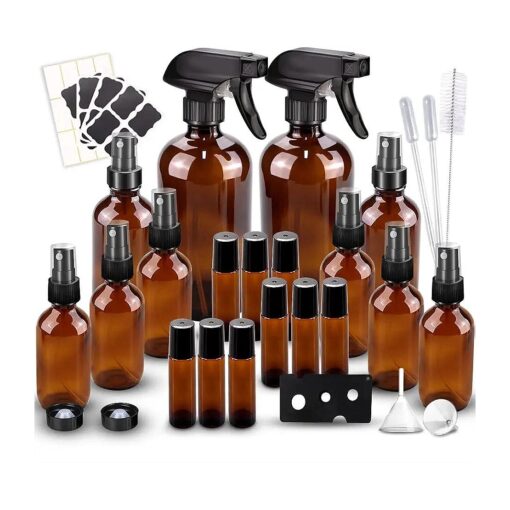 Glass Spray Bottle Kitx10 ( 2x16oz, 2x4oz, 6x2oz ), 9x10ml Roller Bottles, Anti UV, Multi Size and Versatile, Suitable for Aromatherapy, Facial Moisturizing, Watering, etc, ( Amber )