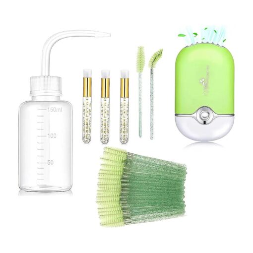 Lash Cleaning Kit for Eyelash Extension, Shmian Mini Lash Fan with 50 Disposable Shampoo Brushes, Blackhead Remover Brushes and Squeeze Wash Bottle-for Eyelash Extension Cleaning, Green