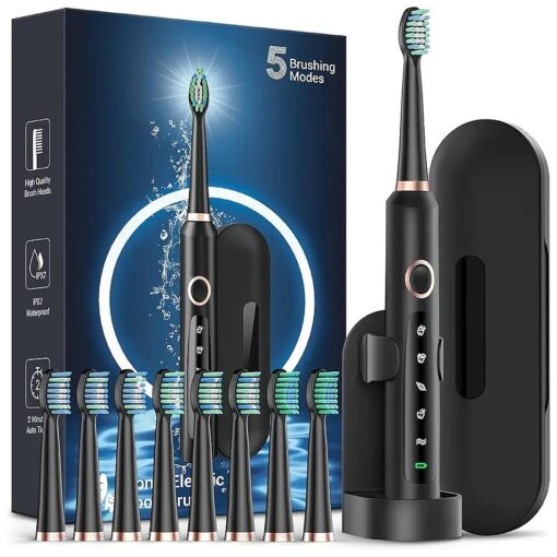 Sonic Electric Toothbrush for Adults - Rechargeable Electric toothbrush with 8 Brush Heads & Travel Case, Teeth Whitening, Power Electric Toothbrush with Holder, 3Hours Charge for 120 Days - Black