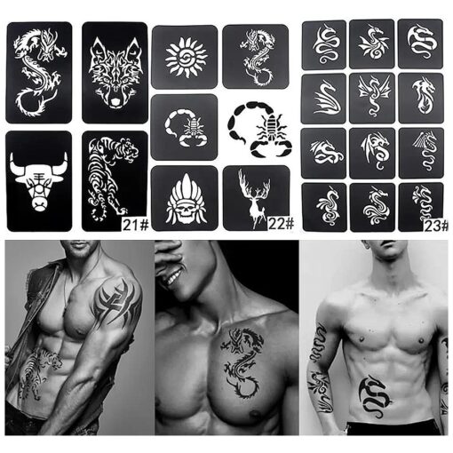 Xmasir 3 Sheet 22Pcs Cool Drawing Glitter Tattoo Stencil for Men, Wolf Dragon Tiger Skull Animal Airbrush Stencils & Templates