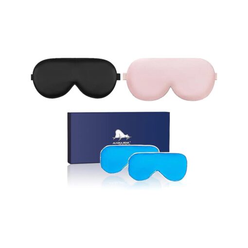 ALASKA BEAR Cooling Gel Eye Mask Weighted Silk Sleep Mask & Cotton Eyeshades Cold & Hot Compress for Pain Relief, 180g Heavy, 2 Set ( Black & Pink )