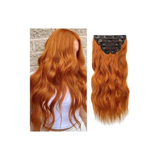 WECAN Clip In Hair Extensions 20 Inch 6pcs Copper Red Long Wavy Curly Hair Extensions Ginger Synthetic Fiber Double Weft Soft Hairpieces For Women Full Head