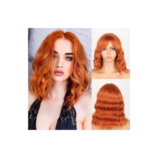 Copper Red Wavy Wig Short Curly Wavy Bob Wig with Curtain Bangs Ginger Brown Curly Bob Hair Shoulder Length Wig with Bangs for Women Synthetic Bob Curly Wavy Wig Natural Hair Copper Red