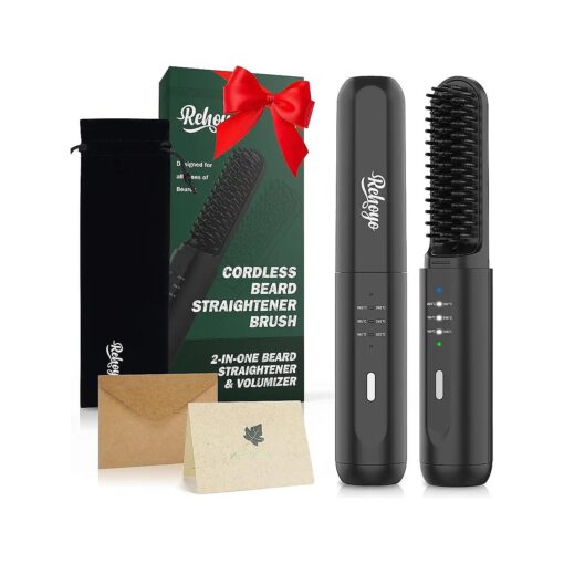 Beard Straightener for Men, REHOYO Portable Cordless Hair Straightener, Anti-Scald Heated Beard Brush, Electric Hot Comb 3 Temp Settings, Ionic Mini Straightener for Home Travel, Gifts for Men Him