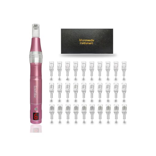 Cordless Electric Microneedling Pen 28000RPM, Professional Beauty Pen Machine With 30 Pcs Replace Cartridege ( 12-pins x10, 36pinsx10, nanox10 ) Beneficial Your Skin Suitable For Use At Home