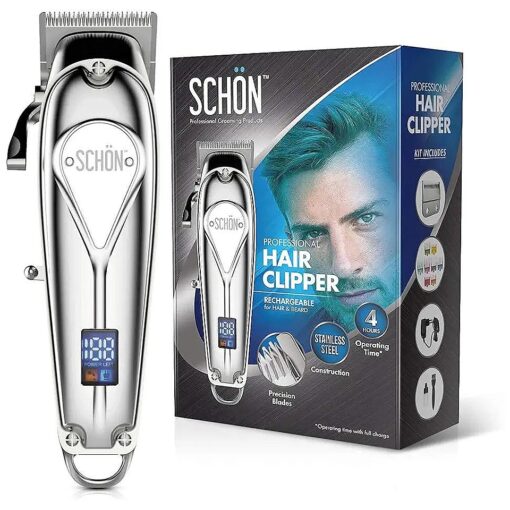 SCHON Cordless Rechargeable Hair Clipper and Trimmer for Men, Women, Children - Solid Stainless Steel Electric Buzzer with Precision Blades, Hair Cutting Kit with 8 Color-Coded Guide Combs