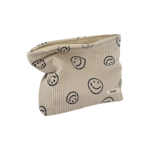 Cosmetic Bags for Women - Corduroy Cosmetic Bag Aesthetic Women Handbags Purses Smile Dots Makeup Organizer Storage Makeup Bag Girls Case Bags ( Beige )