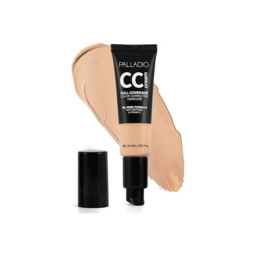 Palladio Full-Coverage Color Correction CC Cream, Oil-Free with Peptides & Vitamin C, Best for Correcting Redness and Uneven Skin Tone, Buildable Foundation Coverage ( Light 21C )