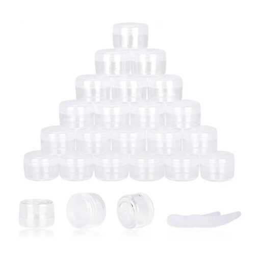 25PCS 5 Gram Sample Containers, 5ml Empty Jars with Lids, Small Cosmetic Containers, Mini Sample Jars with 2PCS Mini Spatulas for Make Up, Oils, Lotion, Powder, Paint, Jewelry, Lip Balms ( Clear Lid )