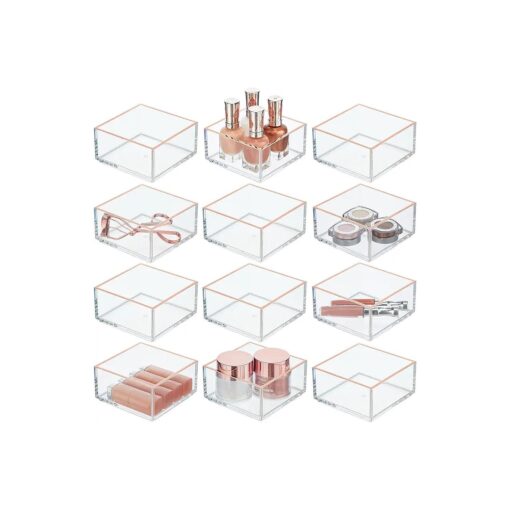 mDesign Plastic Beauty Organizer Bin for Bathroom Drawers, Vanity, or Countertops, Storage for Makeup Brushes, Palettes, Blush, Concealers, or Hair Ties, Lumiere Collection, 12 Pack, Clear/Rose Gold