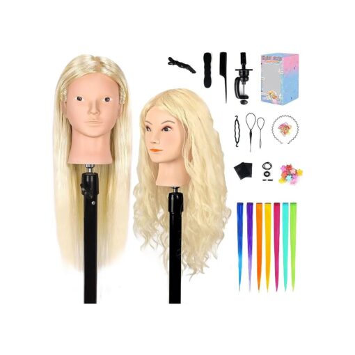 MYSWEETY 26" Mannequin Head with Hair, 80 % Real Human Hair Hairdresser Practice Training Head Cosmetology Mannequin Manikin Doll Head with Table Clamp Holder + DIY Hair Styling Braid Set ( Blonde, No