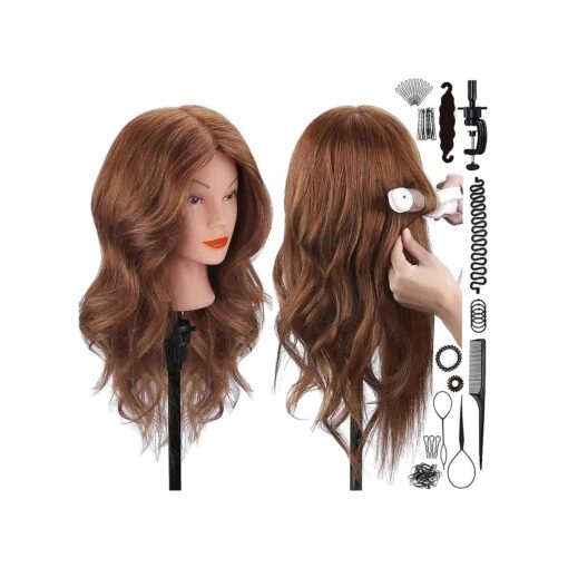 Mannequin Head with 100 % Human Hair, SZCY LLC 18" Dark Brown Real Hair Cosmetology Mannequin Head Hair Styling Hairdressing Practice Training Doll Heads with Clamp Holder and Tools